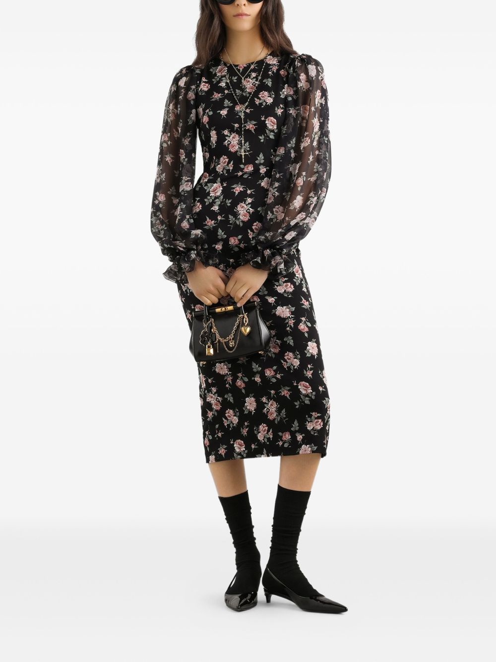 DOLCE e GABBANA Abito midi nero aderente con stampa floreale 