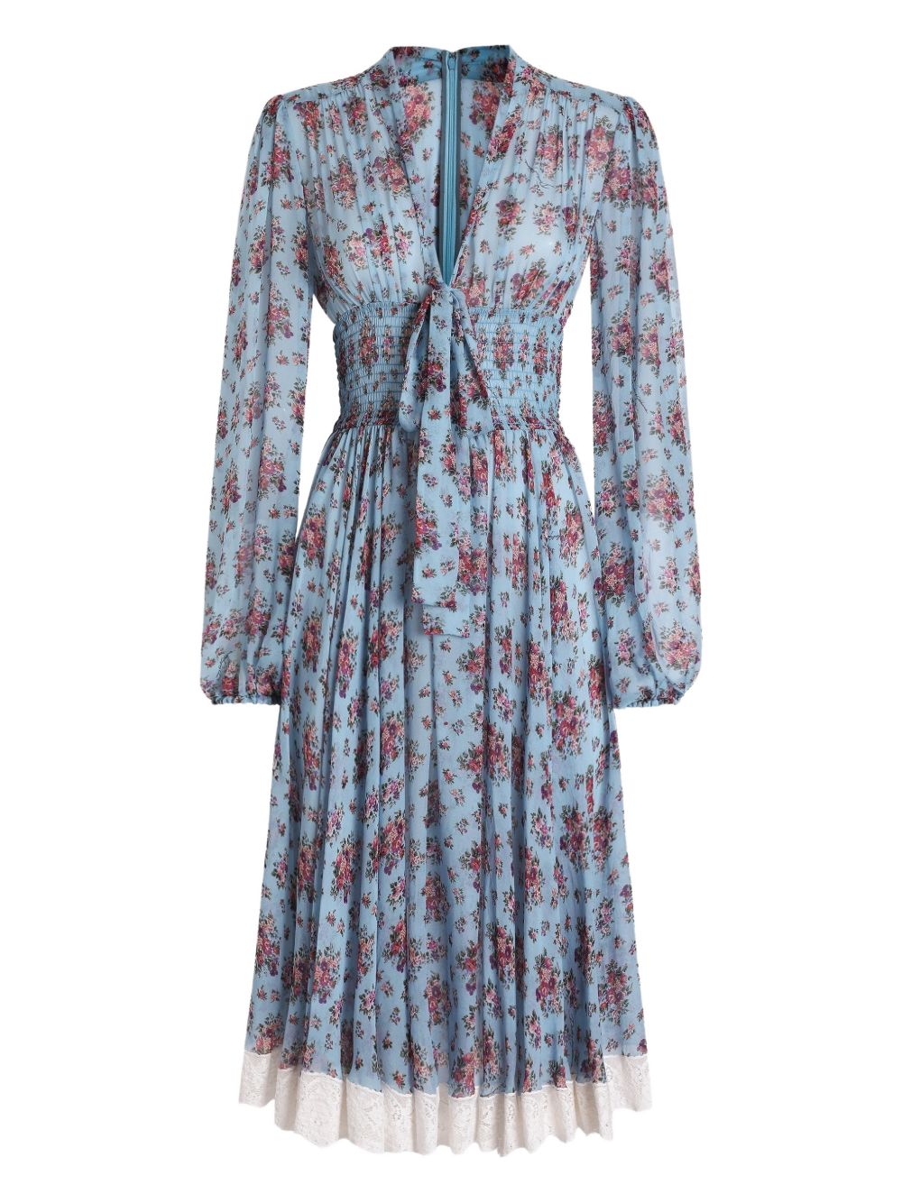 DOLCE e GABBANA Abito midi in seta e cotone celeste con stampa floreale e trina 