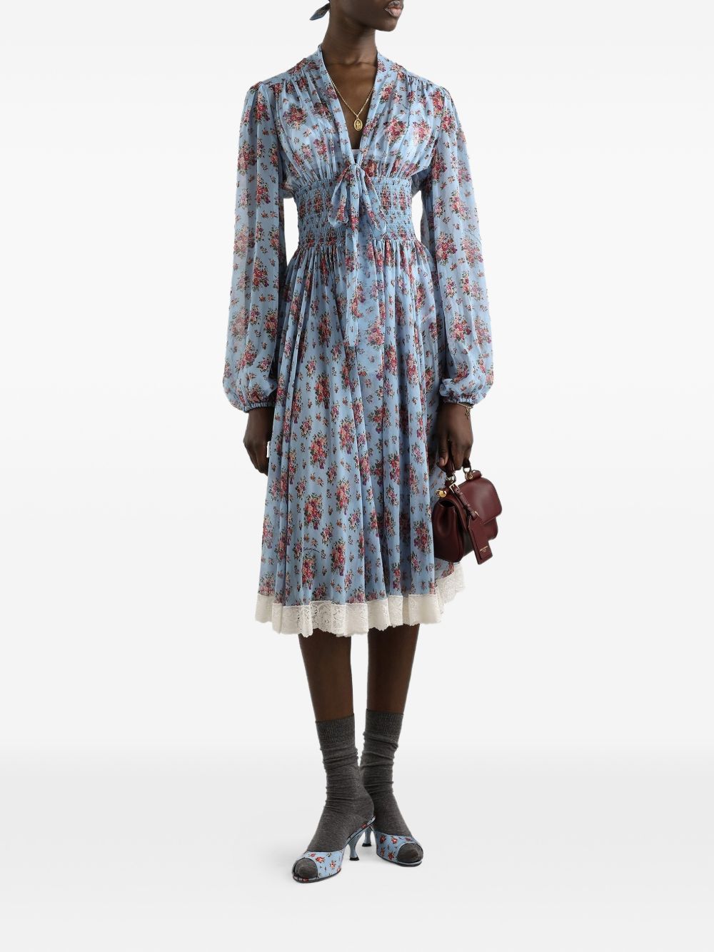 DOLCE e GABBANA Abito midi in seta e cotone celeste con stampa floreale e trina 