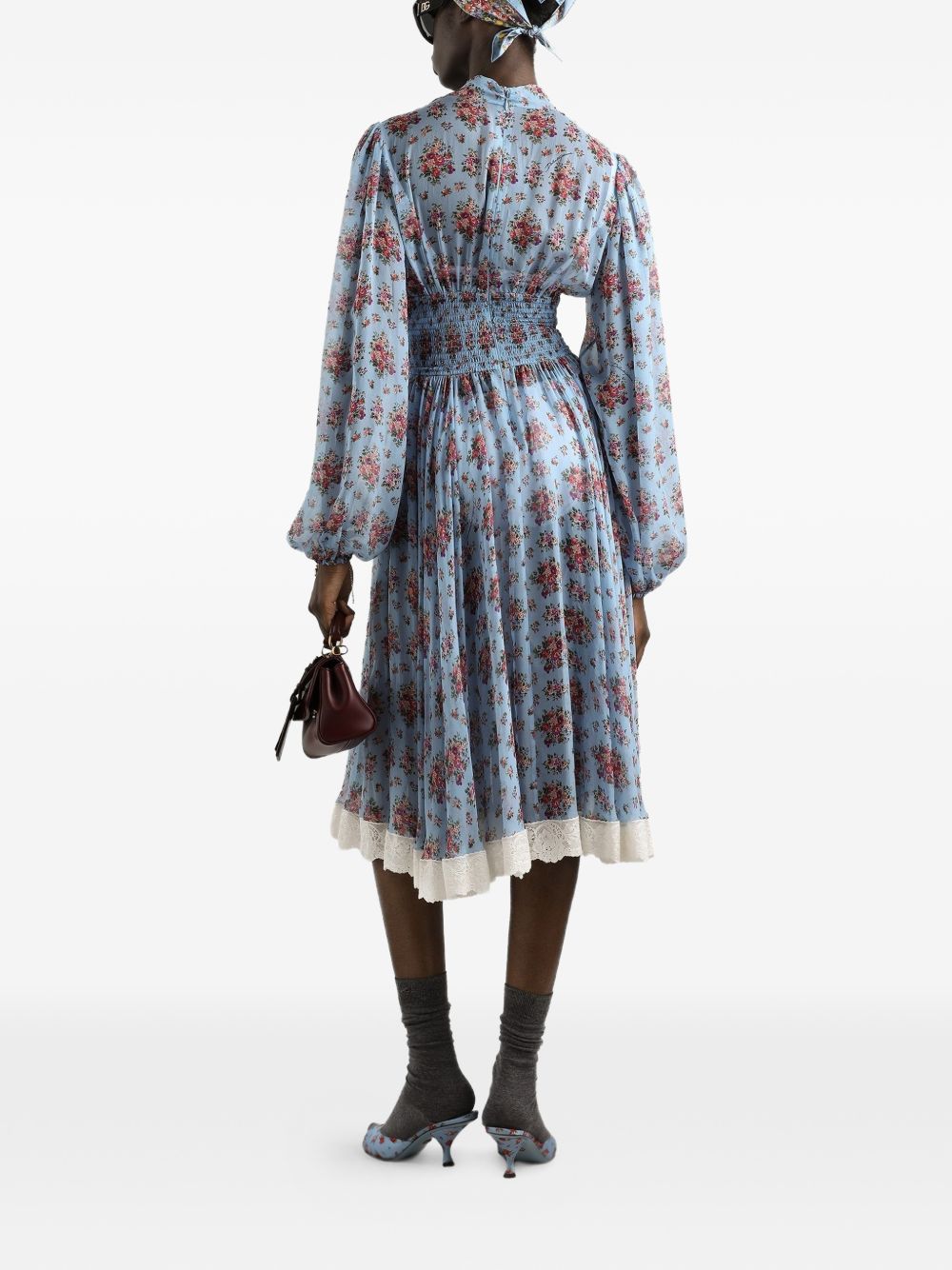 DOLCE e GABBANA Abito midi in seta e cotone celeste con stampa floreale e trina 