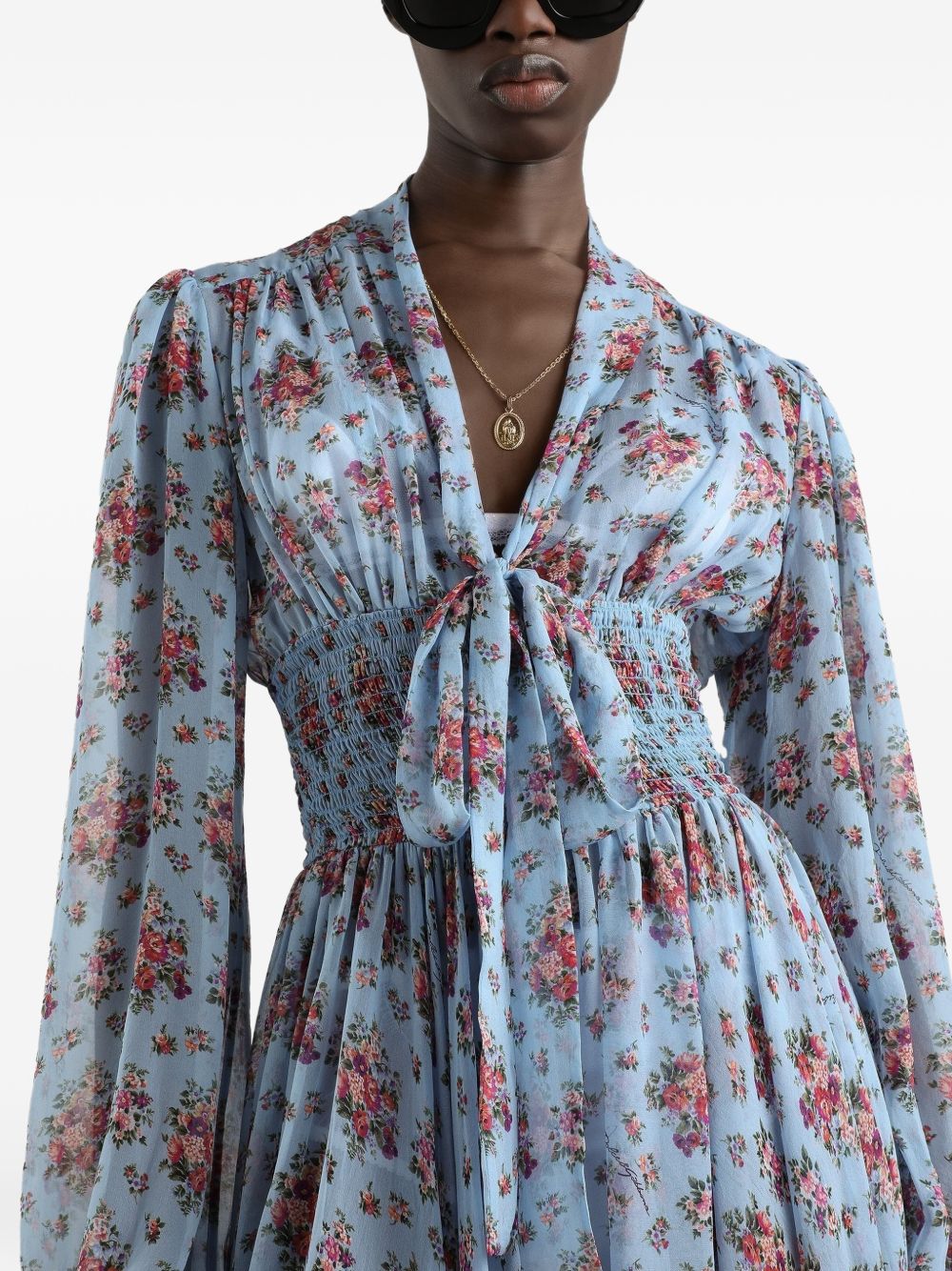 DOLCE e GABBANA Abito midi in seta e cotone celeste con stampa floreale e trina 