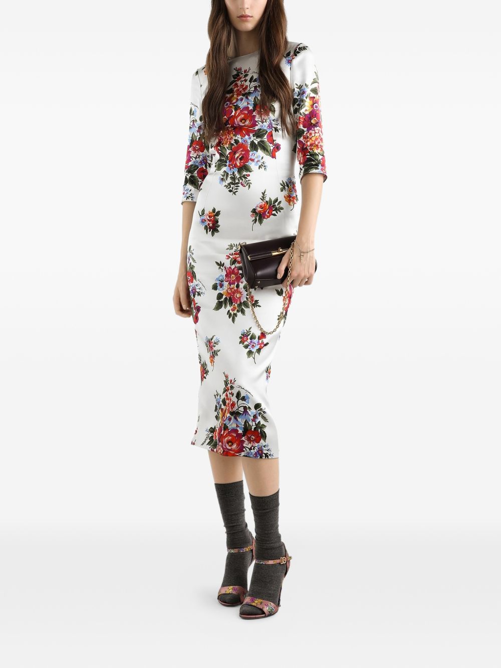 DOLCE e GABBANA Abito midi bianco con stampa floreale 