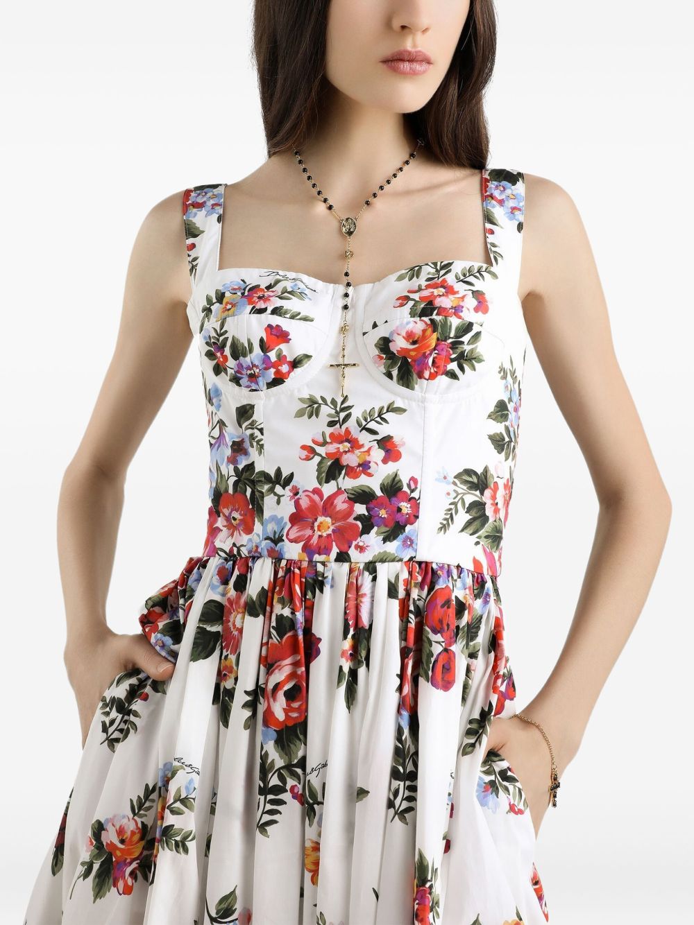 DOLCE e GABBANA Abito midi in cotone bianco con stampa floreale 