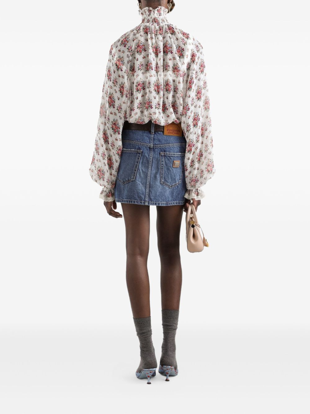 DOLCE e GABBANA Blusa in cotone bianco con stampa floreale e collo alto 