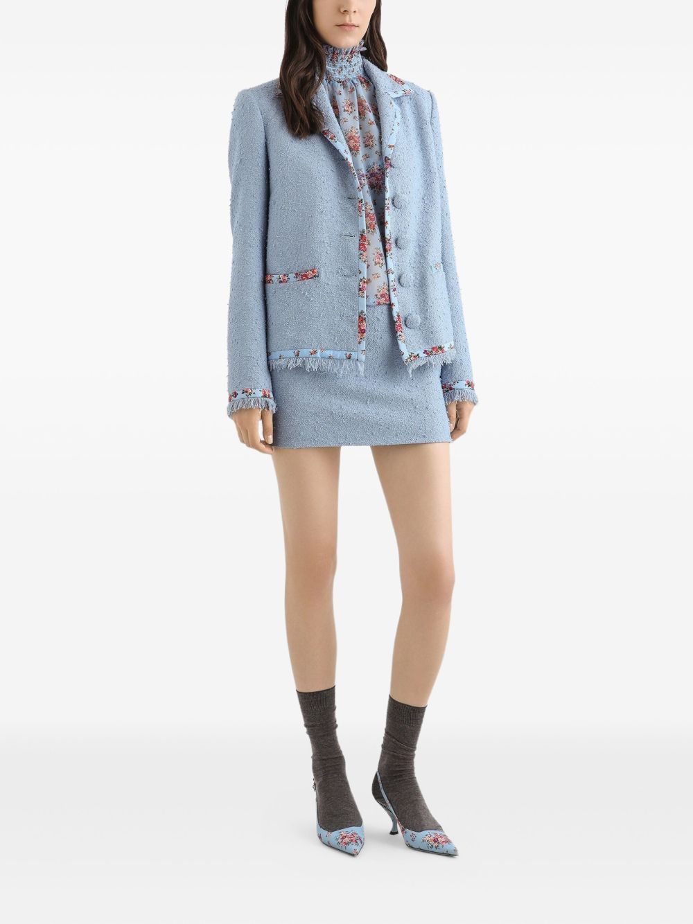 DOLCE e GABBANA Blusa in cotone azzurro con stampa floreale e collo alto 