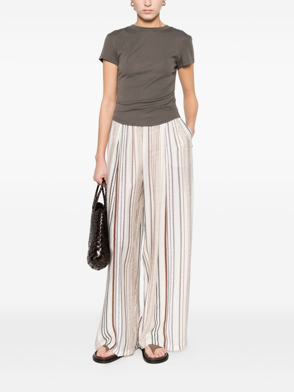 ELEH Pantaloni a righe in tessuto beige con vita elasticizzata 