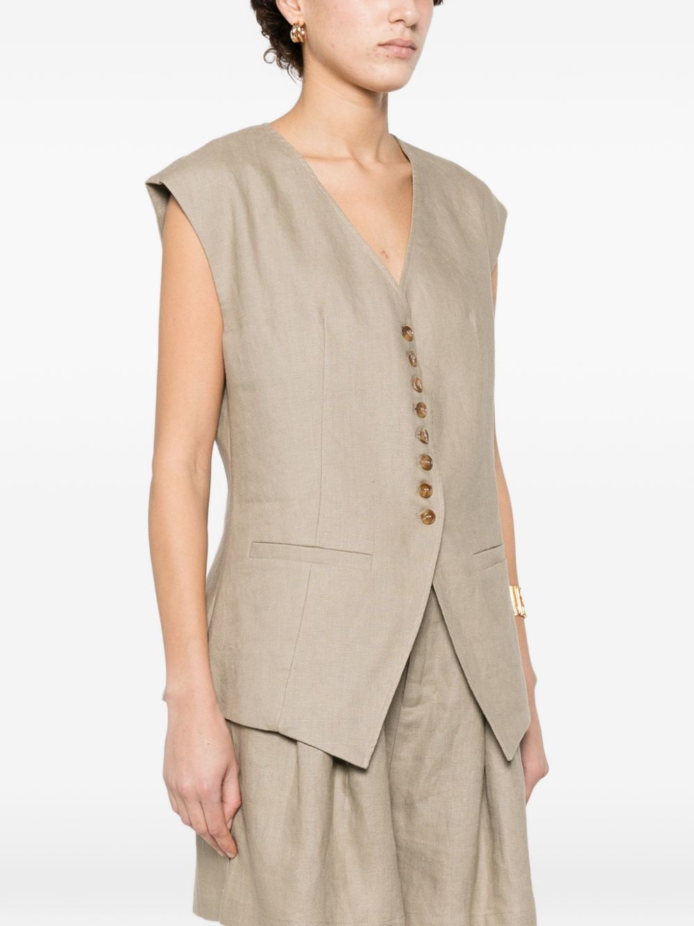 ELEH Gilet in lino beige con scollo a V 