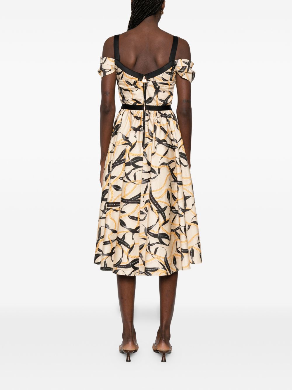 ELISABETTA FRANCHI Abito midi stampato con volant in cotone beige 