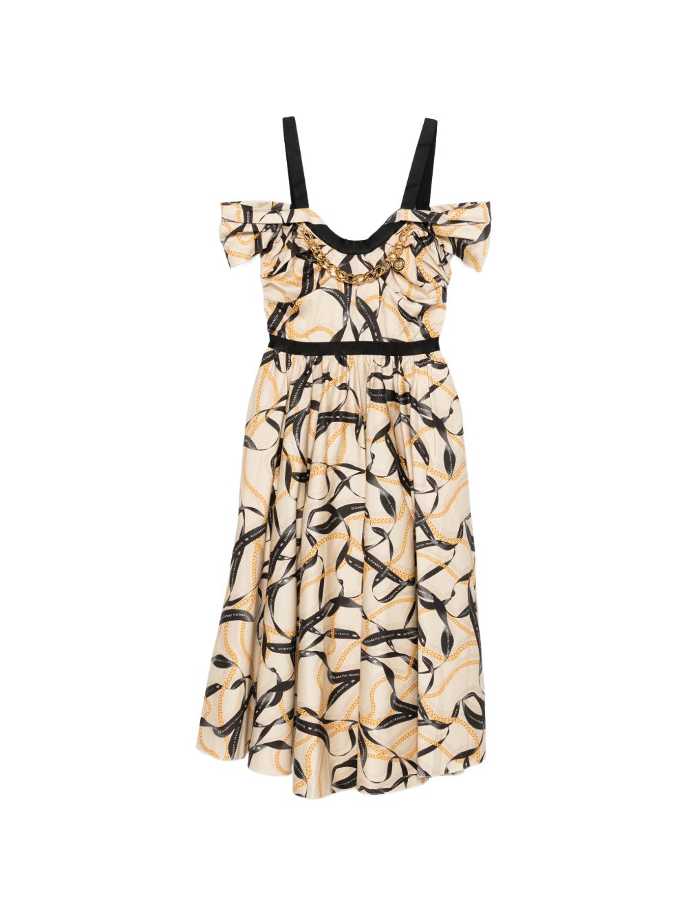 ELISABETTA FRANCHI Abito midi stampato con volant in cotone beige 