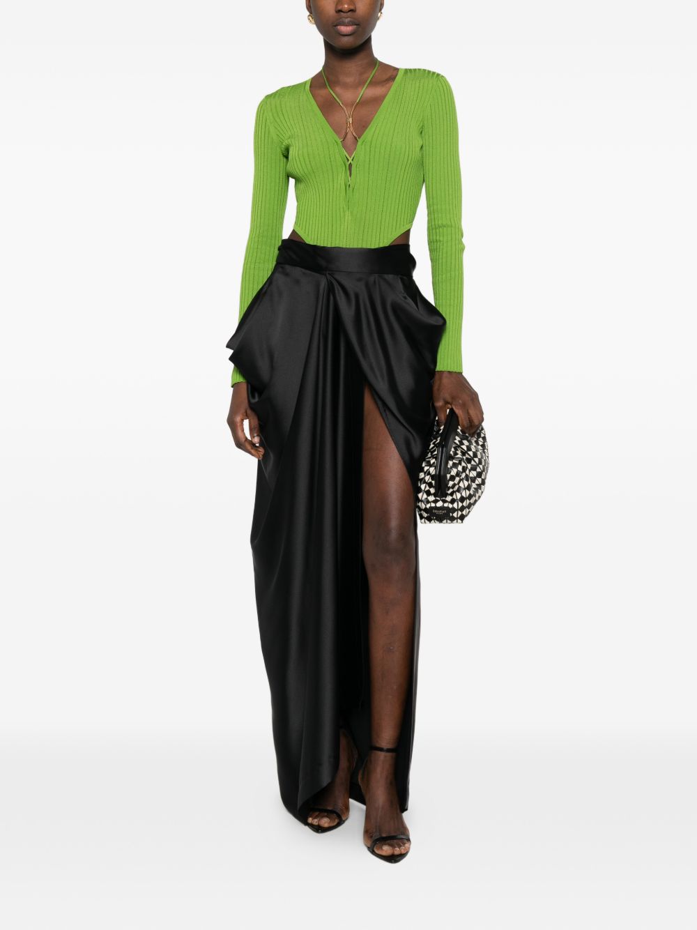 ELISABETTA FRANCHI Body in maglia a coste verde con scollo a V 