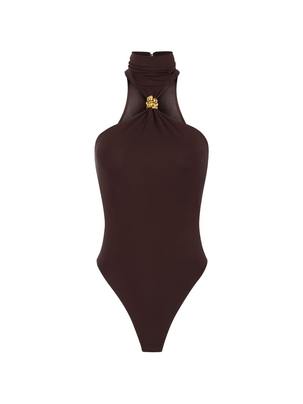 ELISABETTA FRANCHI Body a collo alto con dettagli drappeggiati e gioiello 