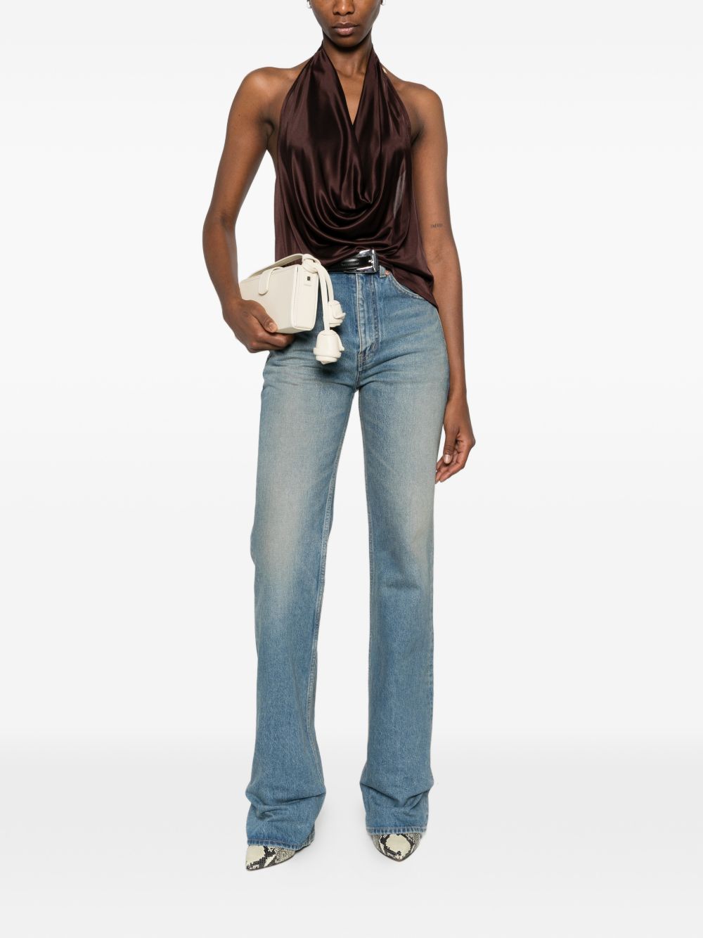 ELISABETTA FRANCHI Top marrone lucido con scollo morbido 