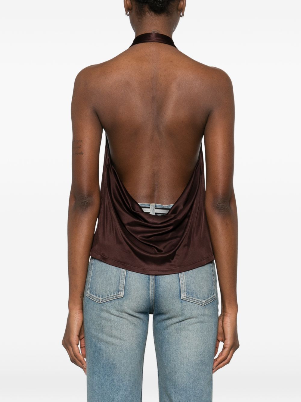 ELISABETTA FRANCHI Top marrone lucido con scollo morbido 
