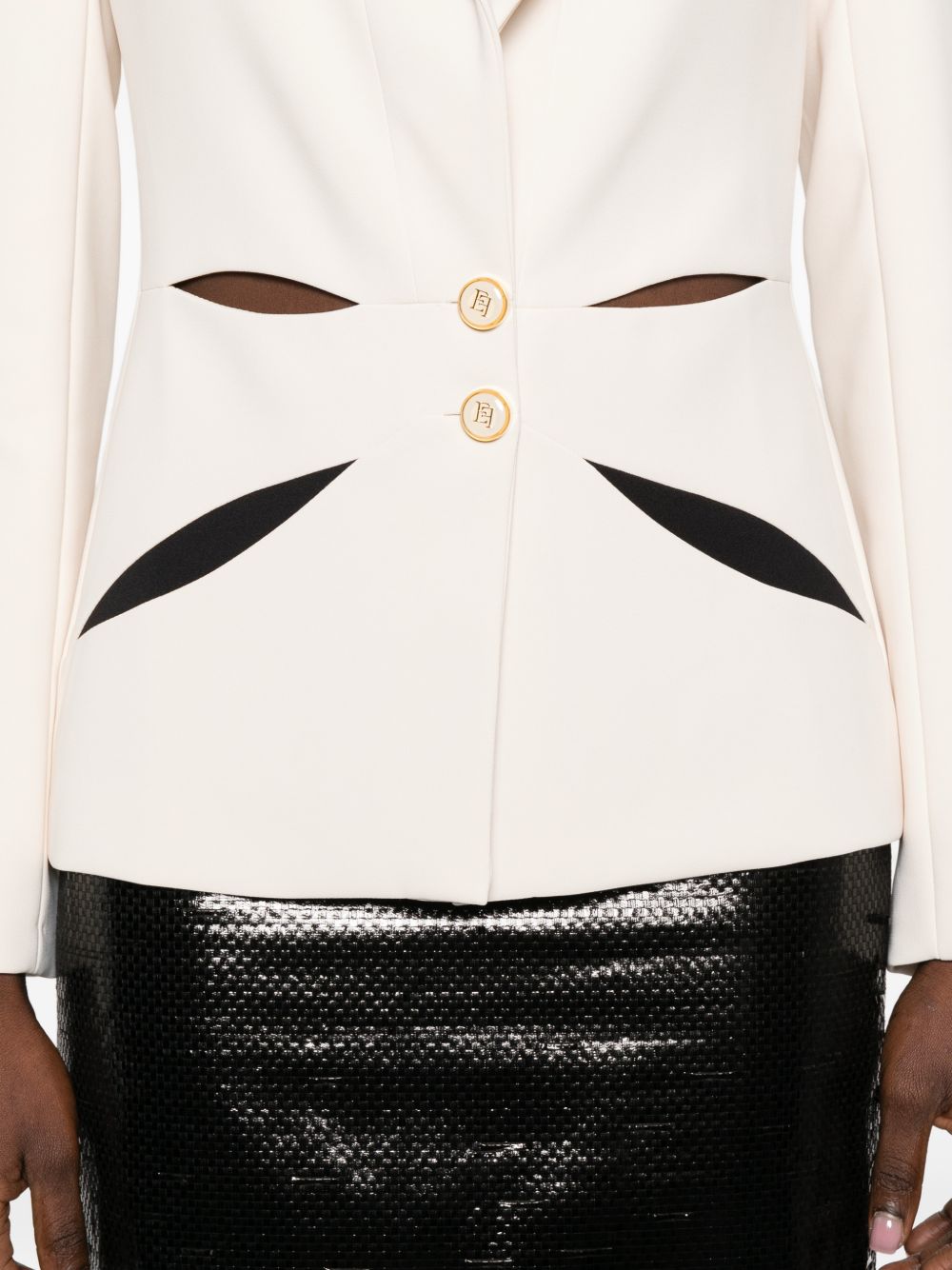 ELISABETTA FRANCHI Giacca in crêpe leggero con intarsio geometrico floreale e cut-out bicolore 