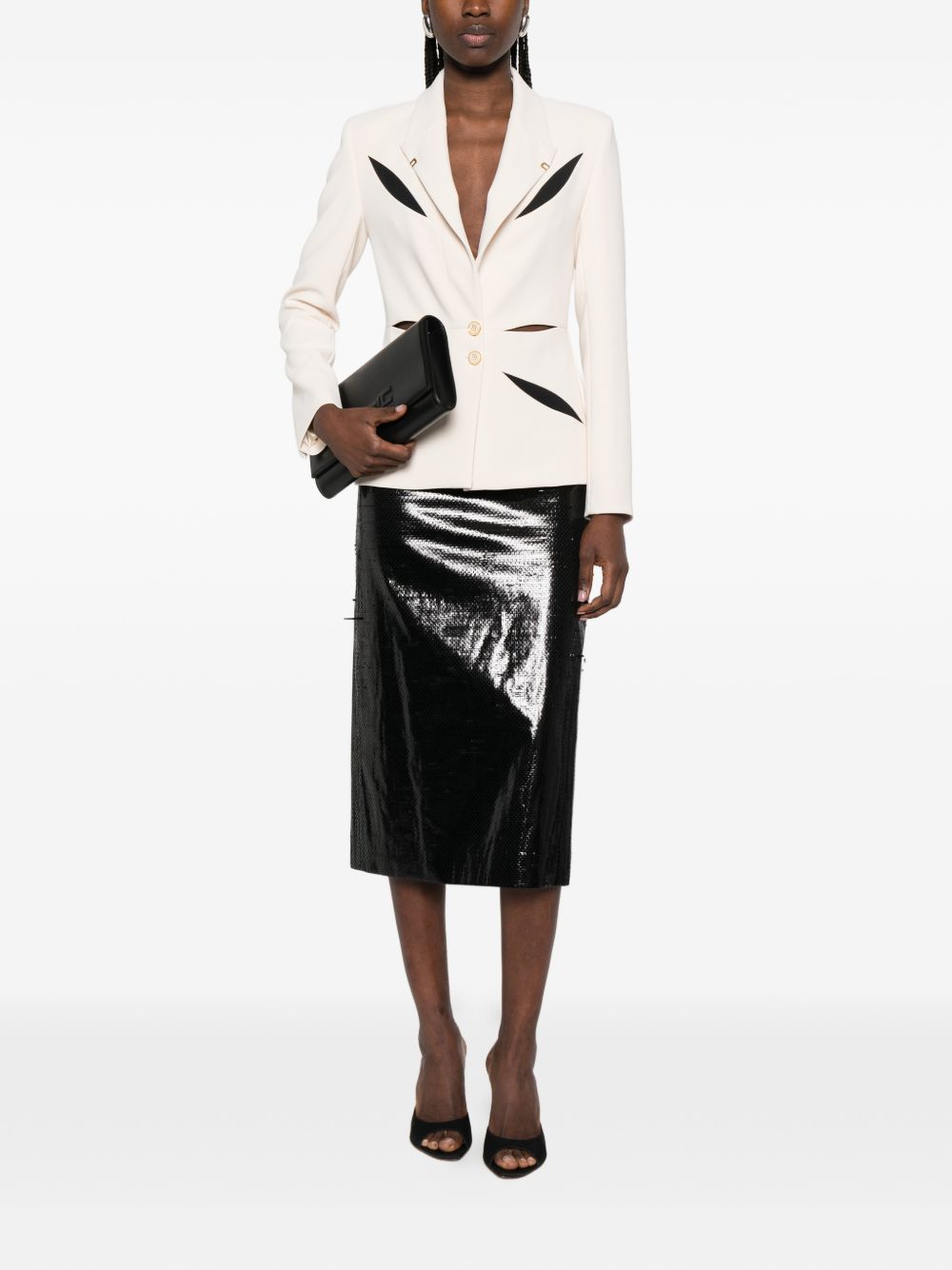 ELISABETTA FRANCHI Giacca in crêpe leggero con intarsio geometrico floreale e cut-out bicolore 