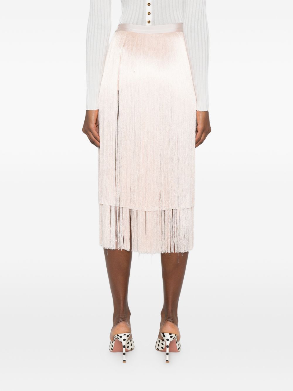 ELISABETTA FRANCHI Gonna midi con frange color rosa cipria 
