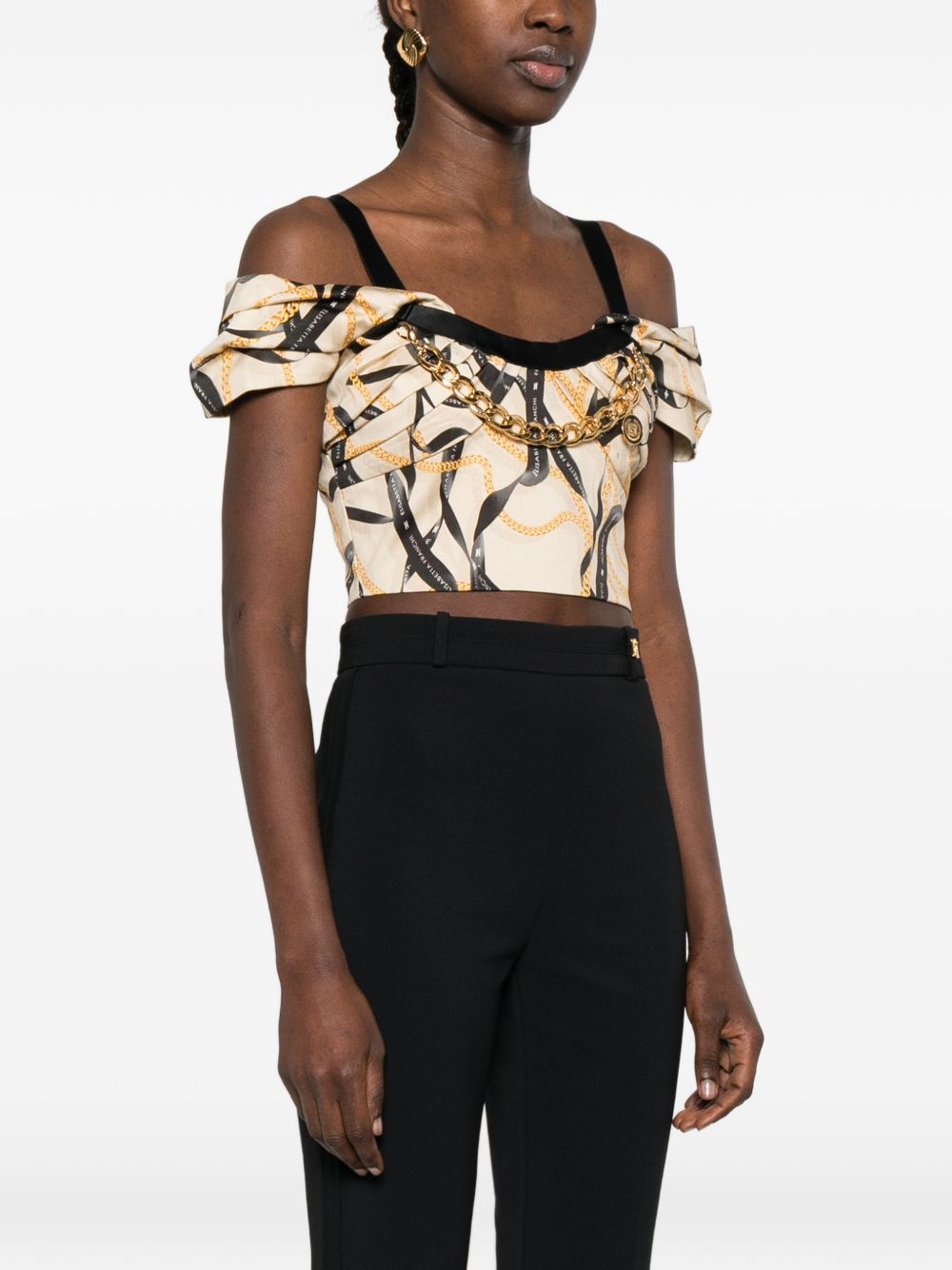 ELISABETTA FRANCHI Top con stampa grafica beige e nero con detagglio a catena 