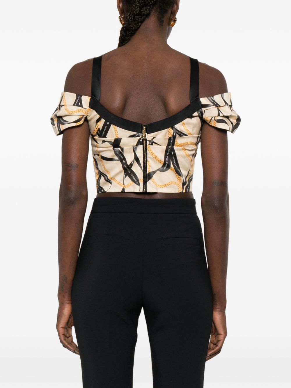 ELISABETTA FRANCHI Top con stampa grafica beige e nero con detagglio a catena 