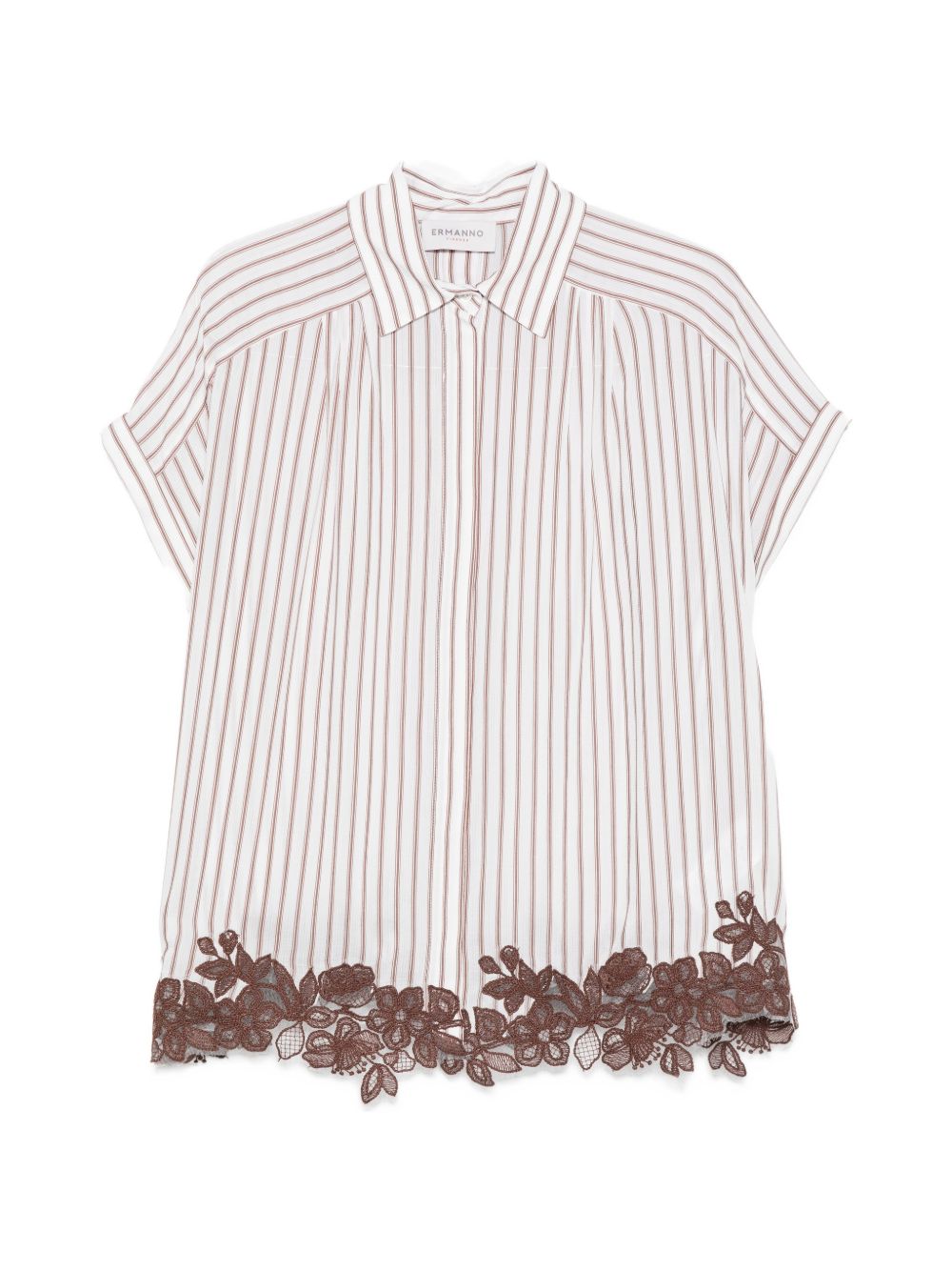 ERMANNO FIRENZE Camicia a righe bianca e marrone con dettagli floreali in pizzo 