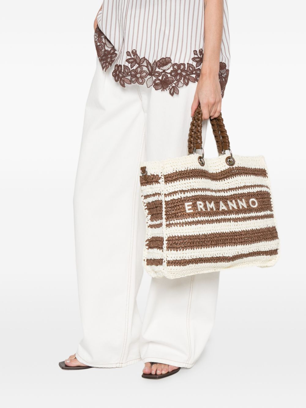 ERMANNO FIRENZE Borsa Shopping in rafia marrone e beige 