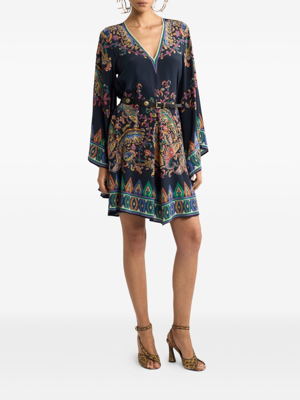 ETRO Abito mini blu in seta con cintura e stampa 