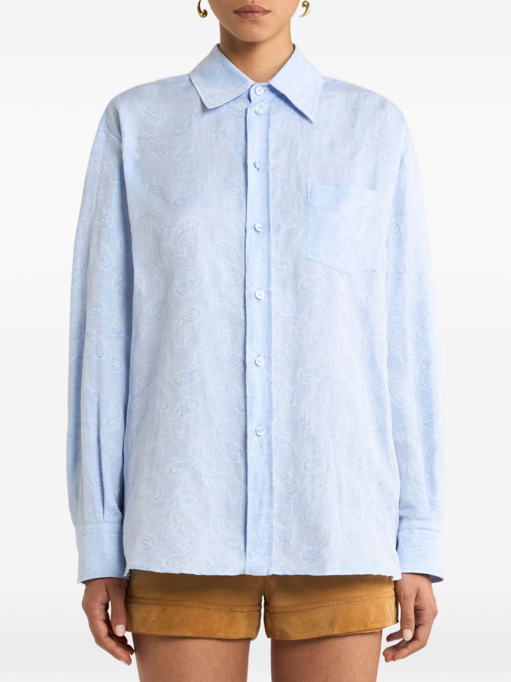 ETRO Camicia in lino e cotone celeste con stampa 