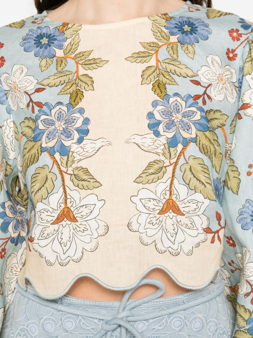 FARM RIO Top con stampa floreale in lino beige e blu 