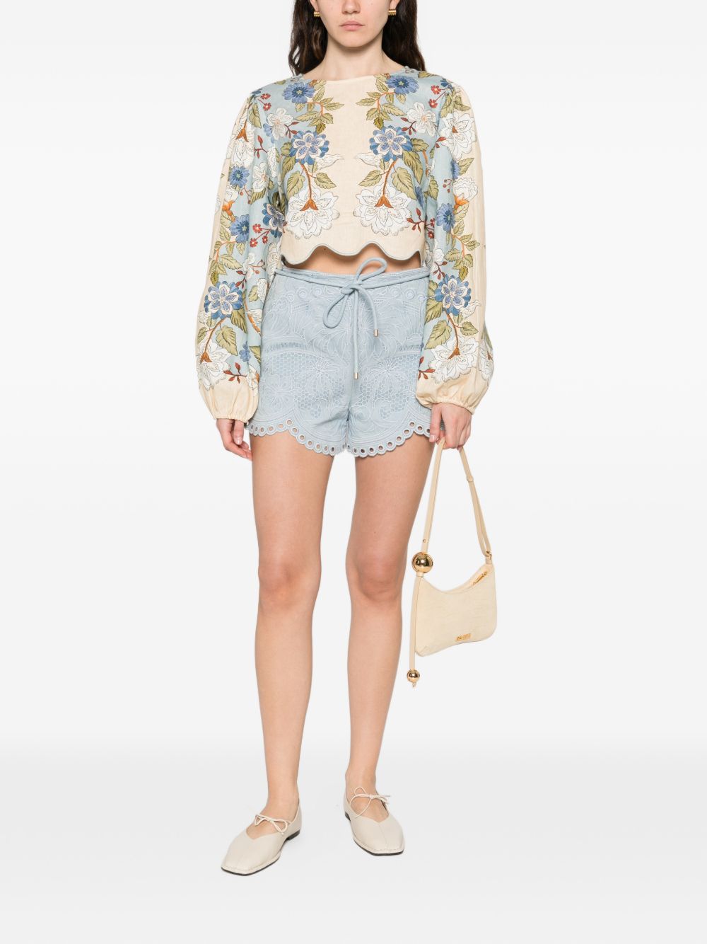 FARM RIO Top con stampa floreale in lino beige e blu 