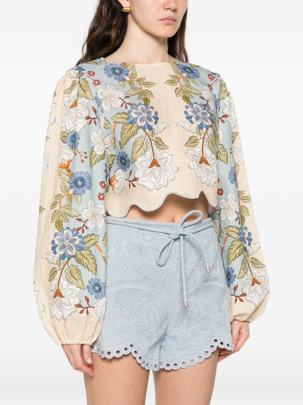 FARM RIO Top con stampa floreale in lino beige e blu 