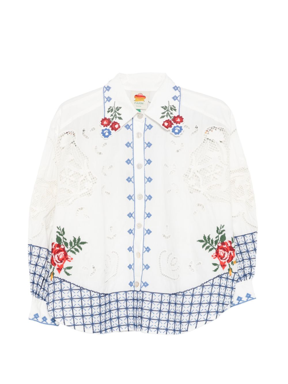FARM RIO Camicia bianca con decorazioni a quadretti blu e fiori rossi 