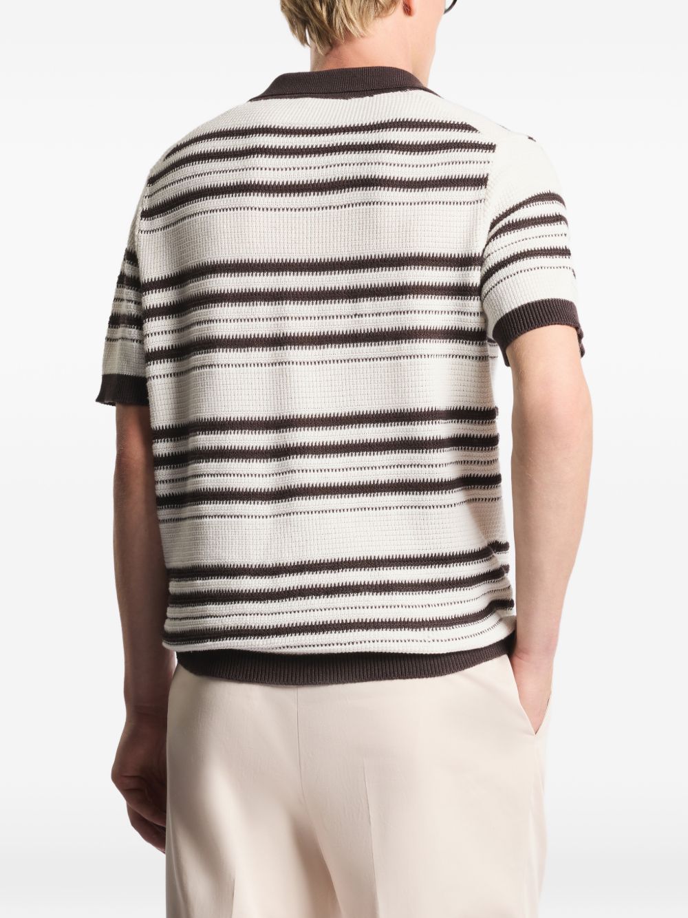FAY Polo in maglia bianca e marrone a righe con scollo a V 