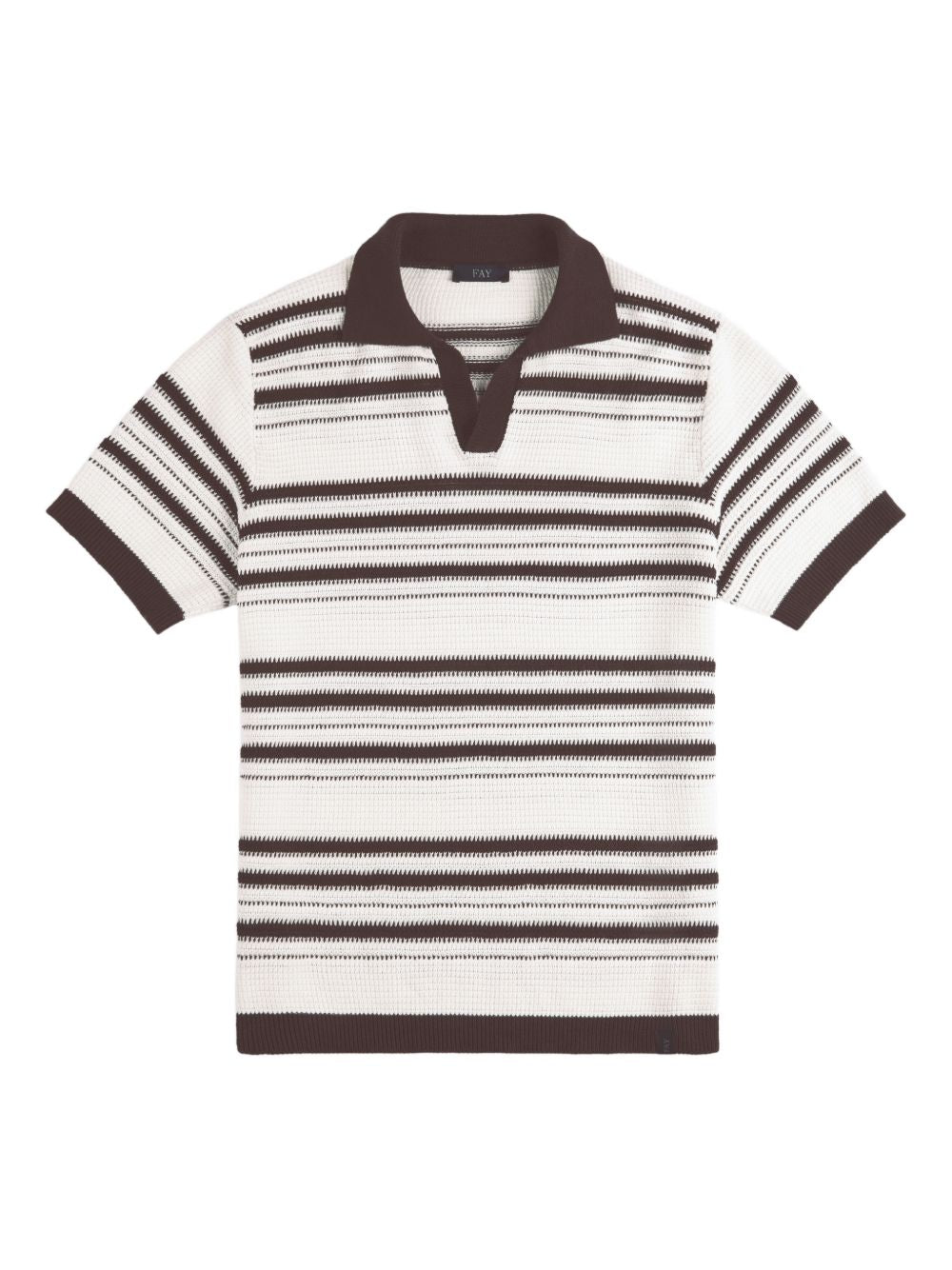 FAY Polo in maglia bianca e marrone a righe con scollo a V 