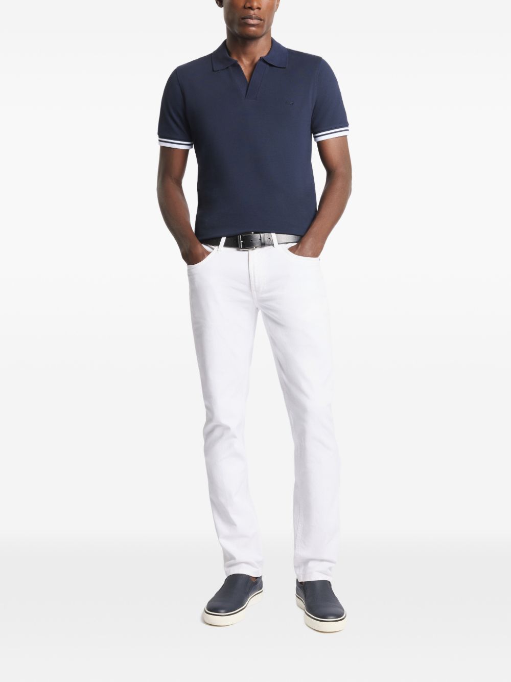 FAY Polo in cotone blu scuro con scollo a V 