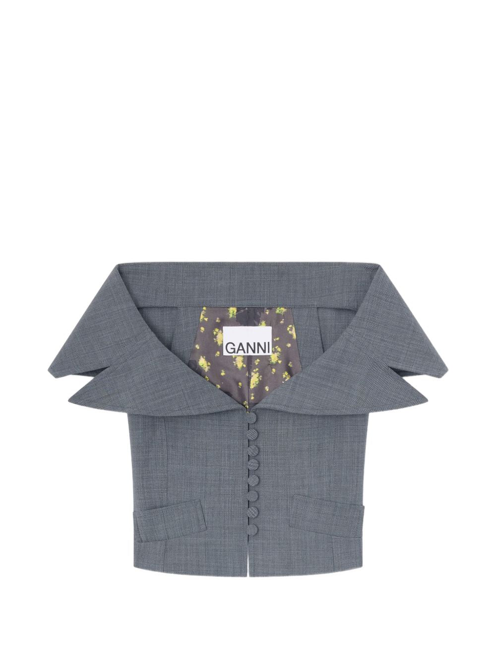 GANNI Top grigio con bottoni e scollo bardot 