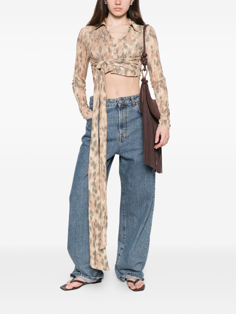 GANNI Blusa con stampa animalier e lacci in vita 