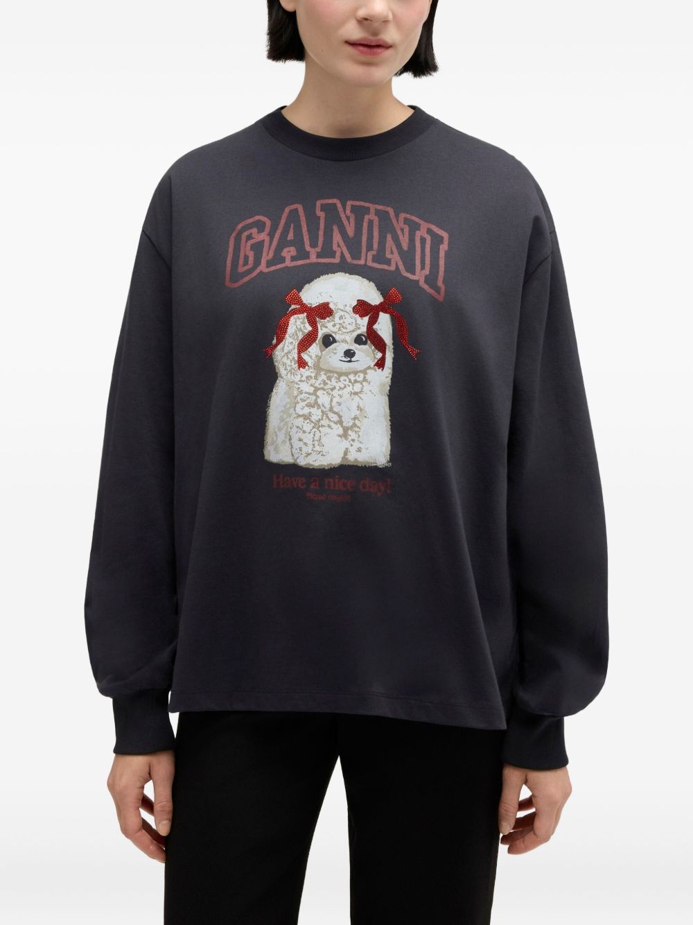 GANNI T-shirt in cotone a maniche lunghe con stampa cane 
