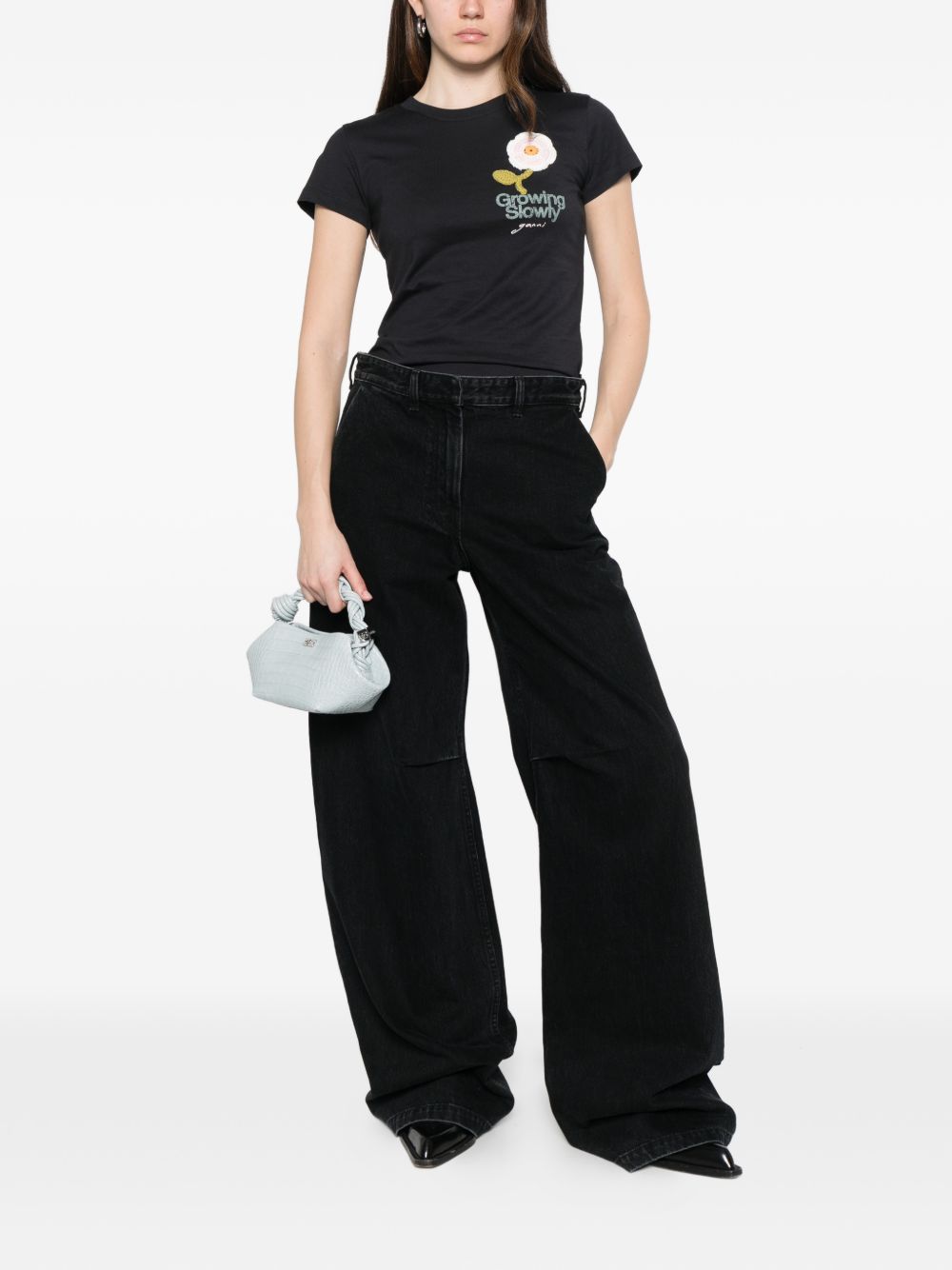 GANNI T-shirt a maniche corte nera con stampa 