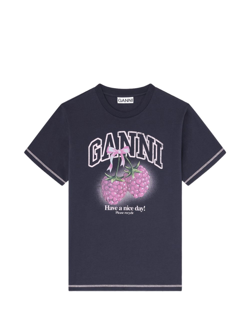 GANNI T-shirt in cotone blu con stampa 