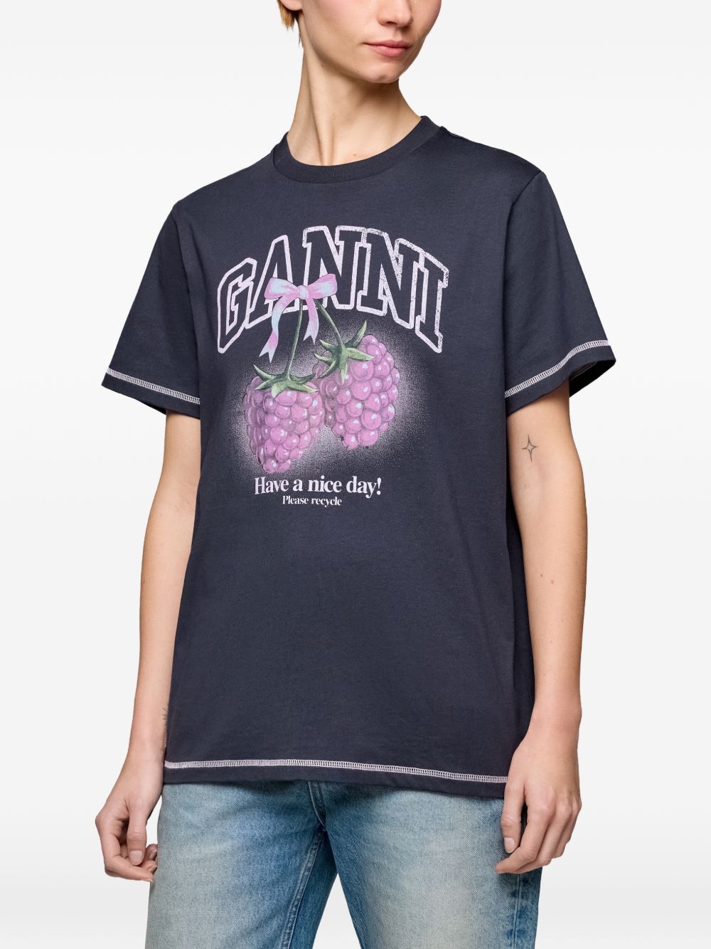 GANNI T-shirt in cotone blu con stampa 