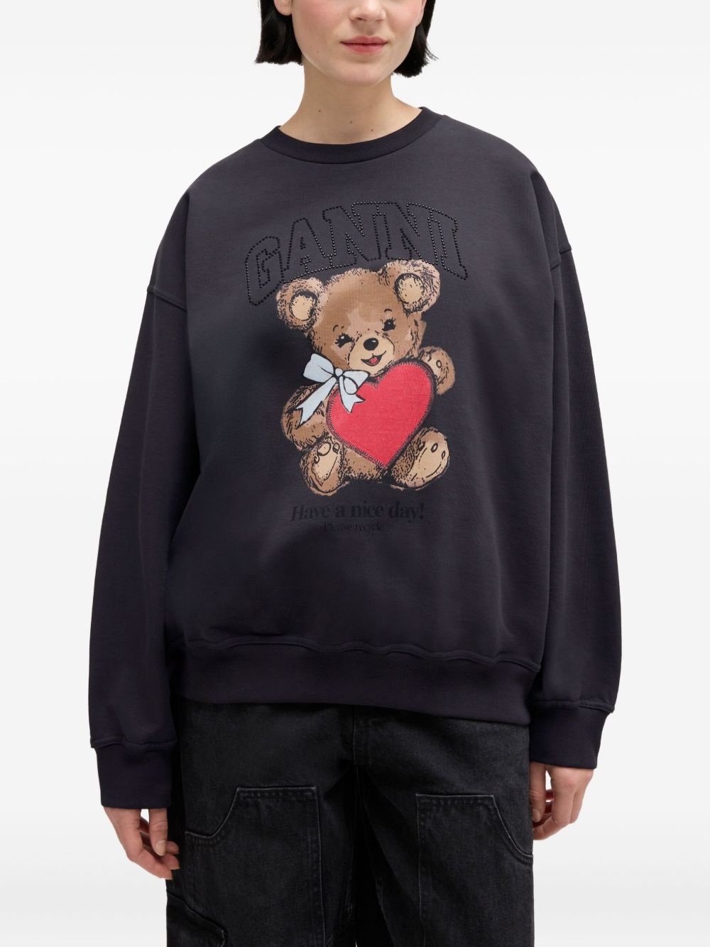 GANNI Felpa nera in cotone con stampa teddy 