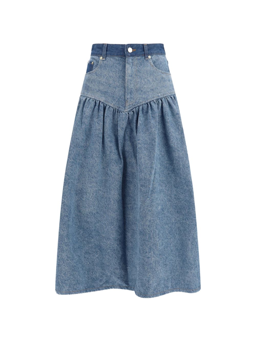 GANNI Gonna midi in denim di cotone con dettaglio cucitura combinata e increspature 