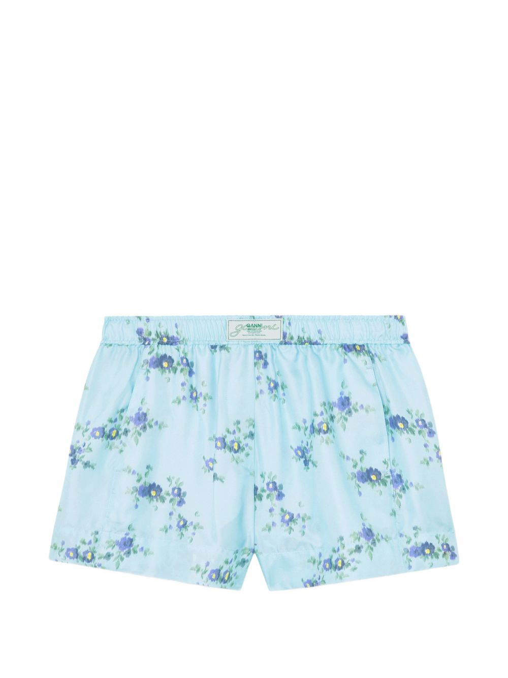 GANNI Short in seta azzurro con fantasia floreale 