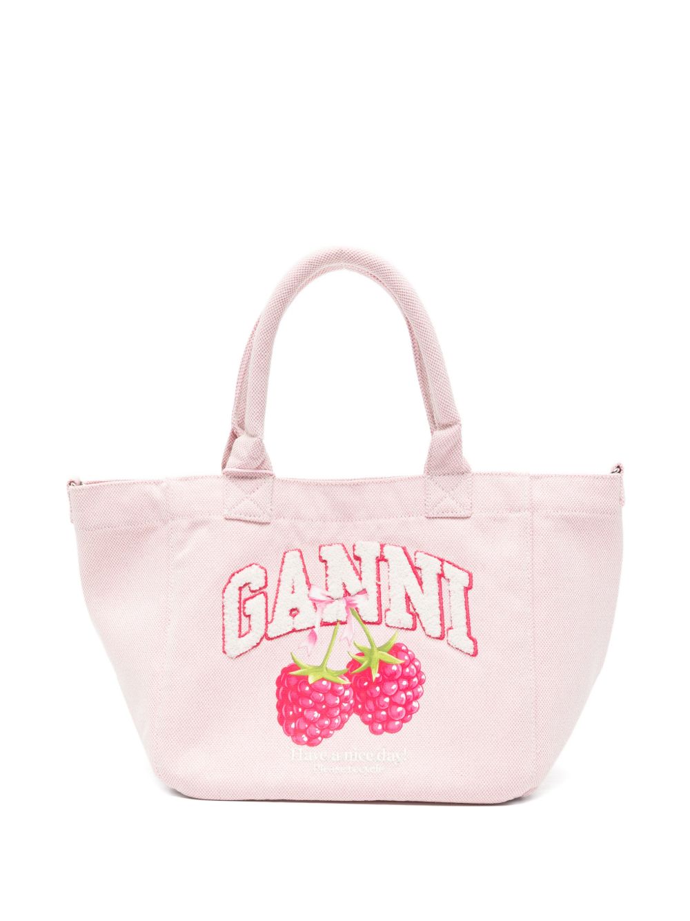GANNI Borsa shopping rosa con logo e illustrazione grafica 