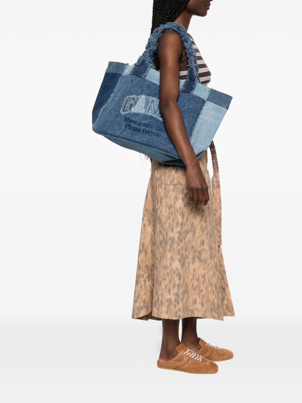 GANNI Borsa Shopping in denim di cotone blu con logo 