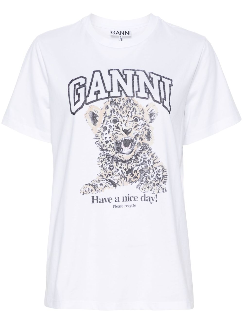 GANNI T-shirt in cotone bianco con leopardo 
