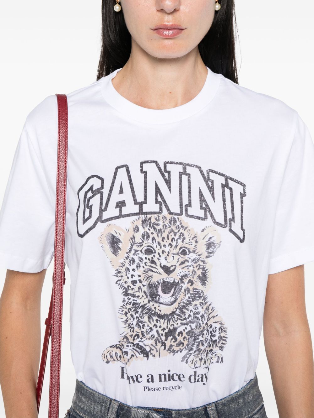 GANNI T-shirt in cotone bianco con leopardo 