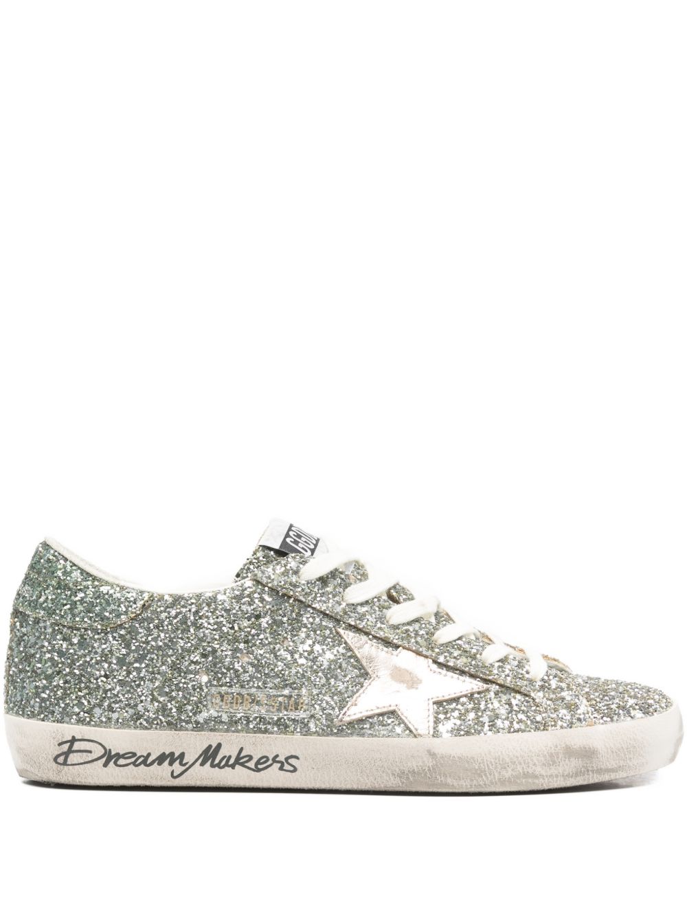 GOLDEN GOOSE Sneakers Super-Star in glitter argento con stella in suede grigio ghiaccio 