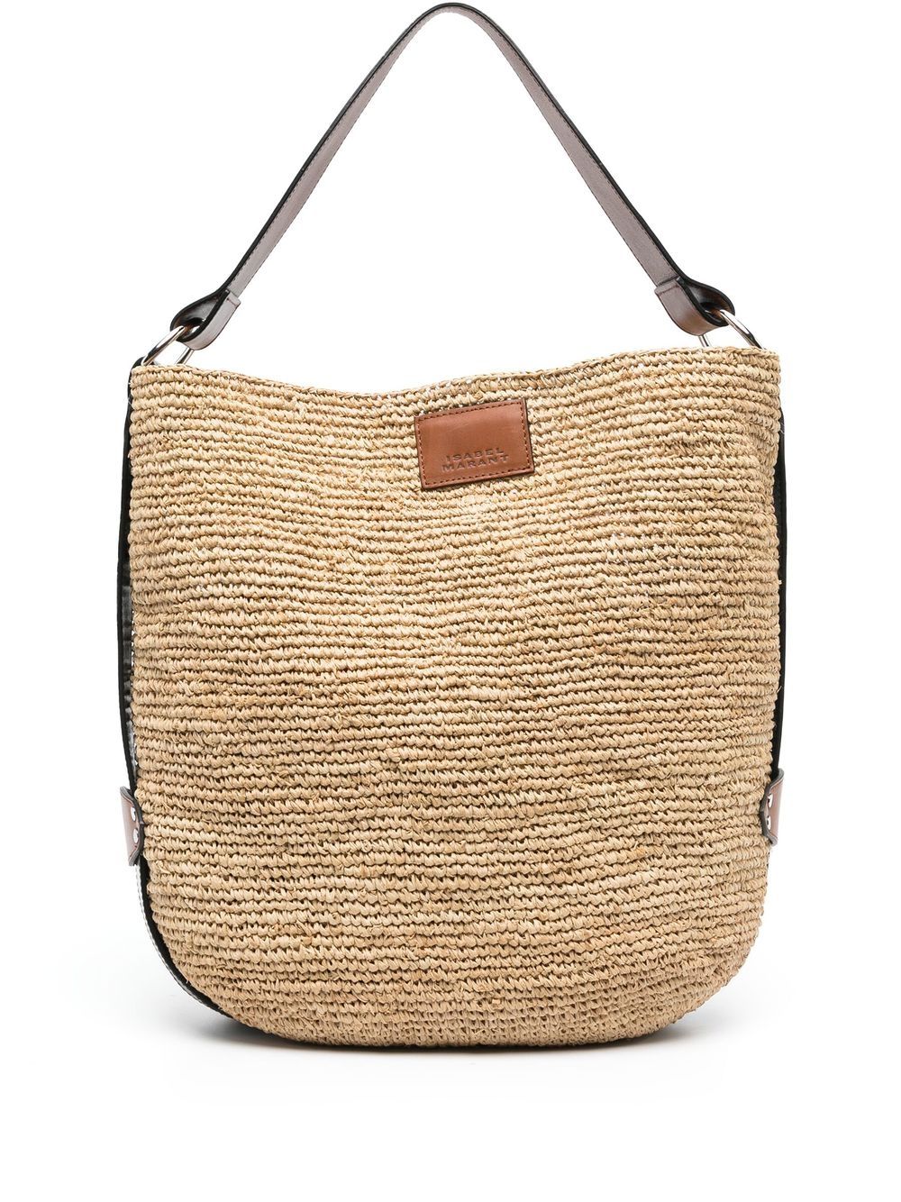 ISABEL MARANT Borsa Bayia a secchiello in rafia beige e pelle 