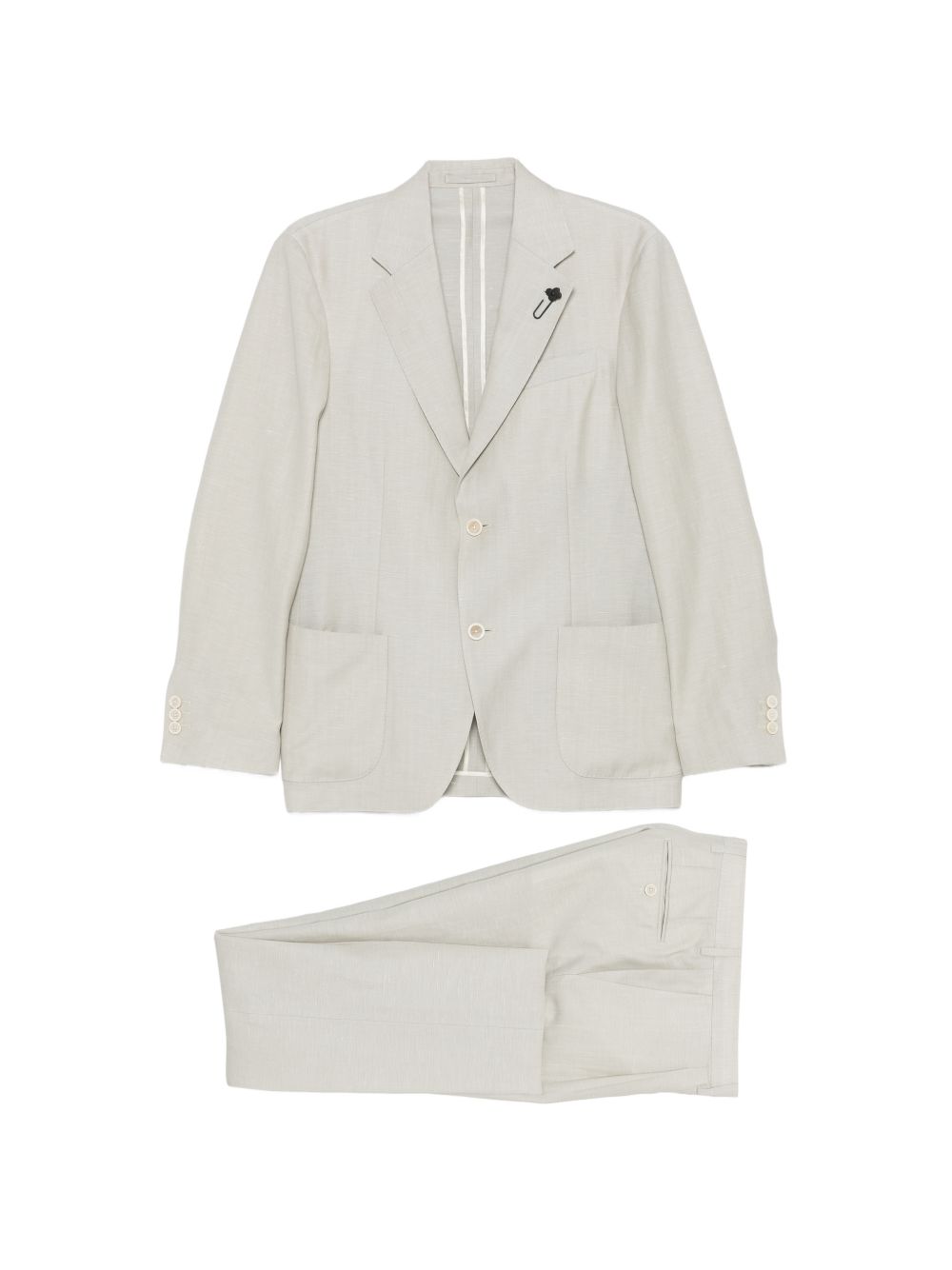 LARDINI Completo in lino grigio con giacca monopetto e spilla 