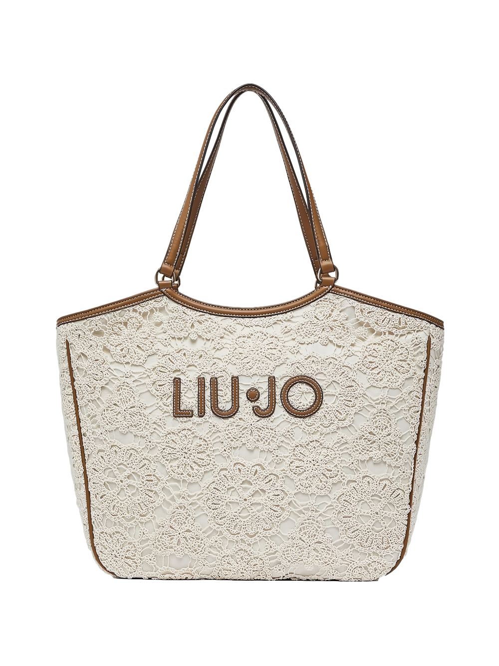 LIUJO Borsa a mano con ricamo crochet color panna 